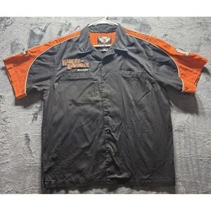 Harley Davidson Racing Button Up Short Sleeve Shirt XL Black Orange Embroidered
